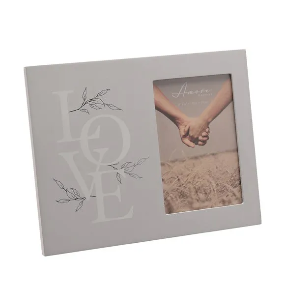Standing Photo Frame with Love Text - Grey, Wood