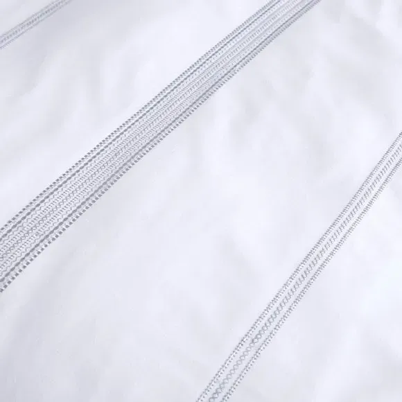 Duvet Cover Set with Embroidered Band - White, Cotton