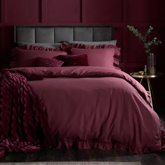 Frill Duvet Cover Set with Pillowcase - Red, Cotton