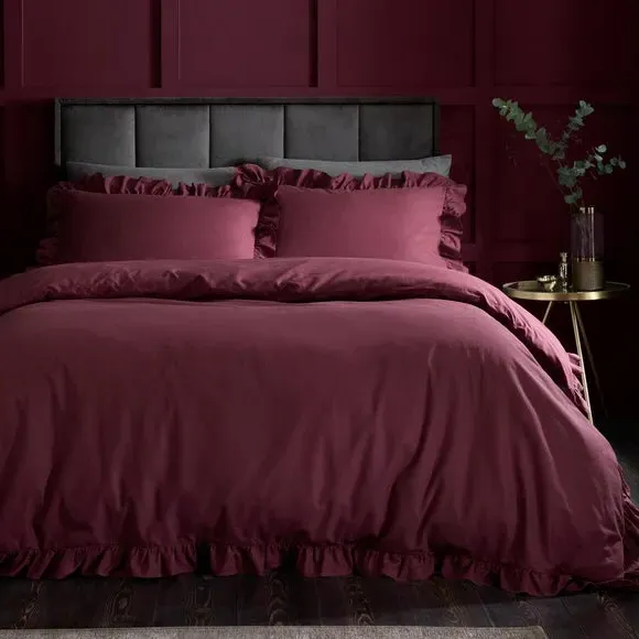 Frill Duvet Cover Set with Pillowcase - Red, Cotton image