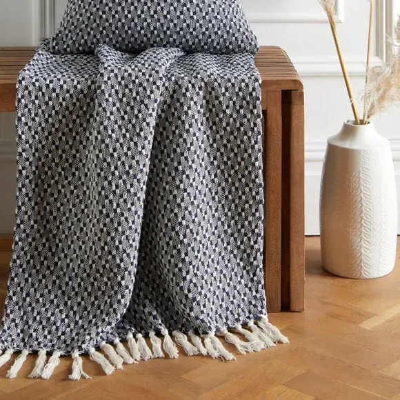 Throw Blanket with Tassels - Navy, Cotton image