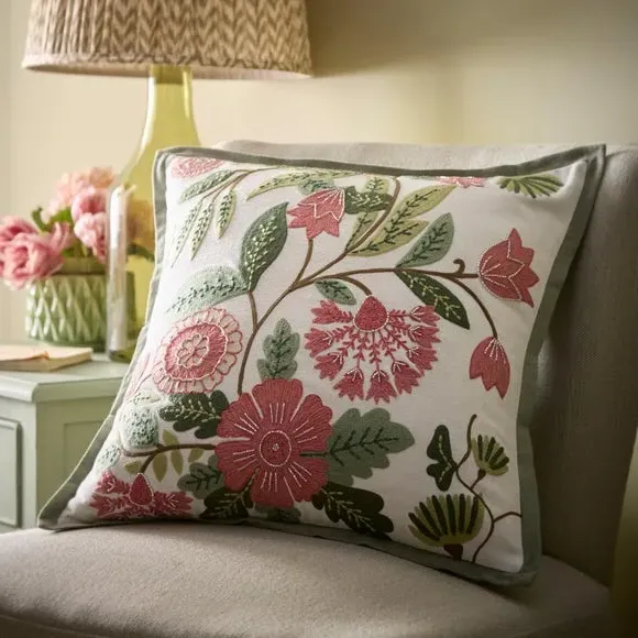 Square Cushion with Embroidery - Green, Cotton image