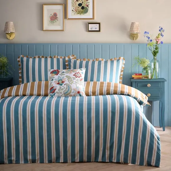 Stripe Duvet Cover Set with Frills - Green, Cotton