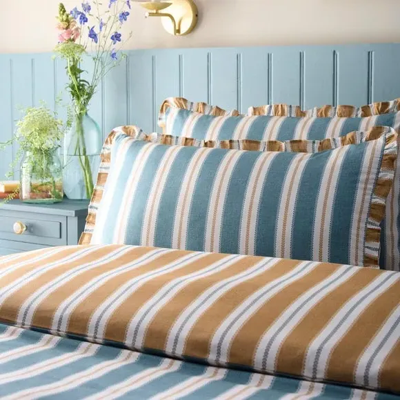 Stripe Duvet Cover Set with Frills - Green, Cotton