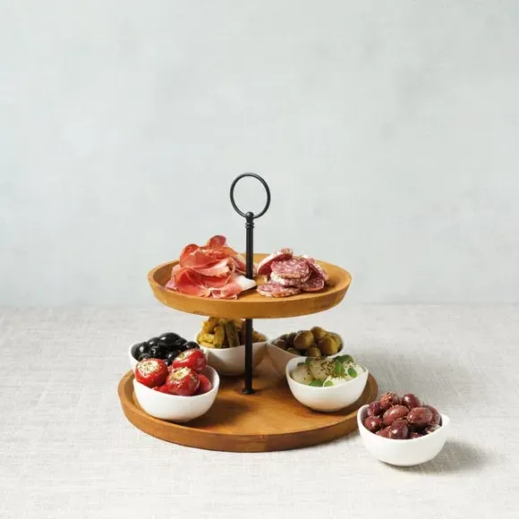Two Tier Serving Set with Bowls - Brown, Acacia