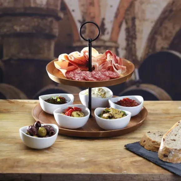 Two Tier Serving Set with Bowls - Brown, Acacia