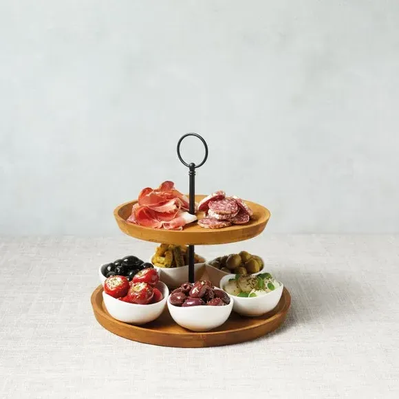 Two Tier Serving Set with Bowls - Brown, Acacia