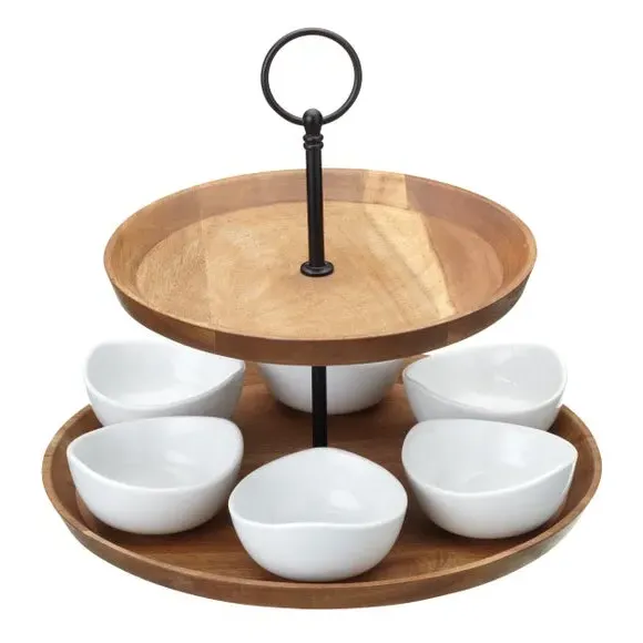 Two Tier Serving Set with Bowls - Brown, Acacia image