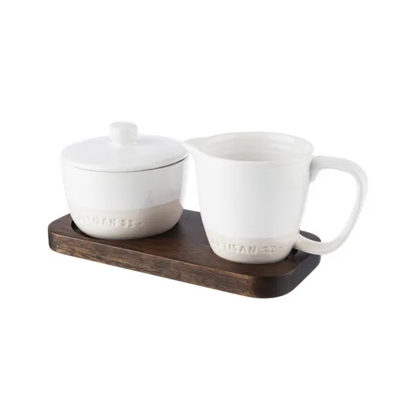 Creamer Set with Wood Base - White, Stoneware image