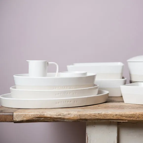 Oval Platter with Ripple Accent - White, Stoneware