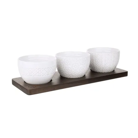 Set of 3 Nibble Bowls with Board - White, Ceramic