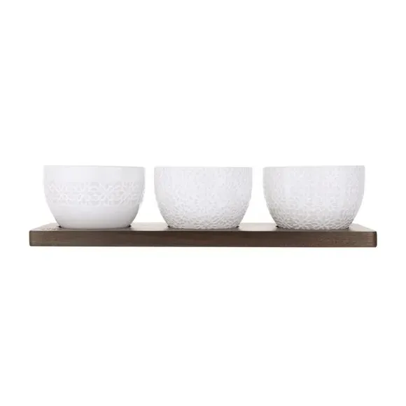 Set of 3 Nibble Bowls with Board - White, Ceramic