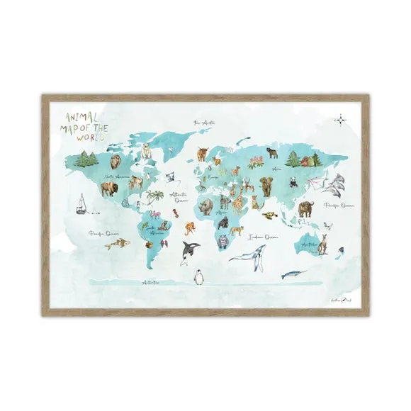 Animal World Map Framed Print - Multicolor