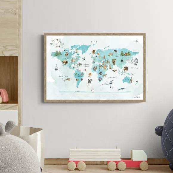 Animal World Map Framed Print - Multicolor image