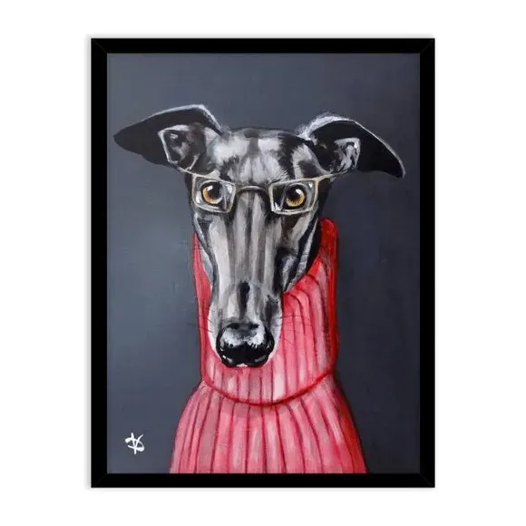 Framed Dog Print with Black Frame - Multicolor