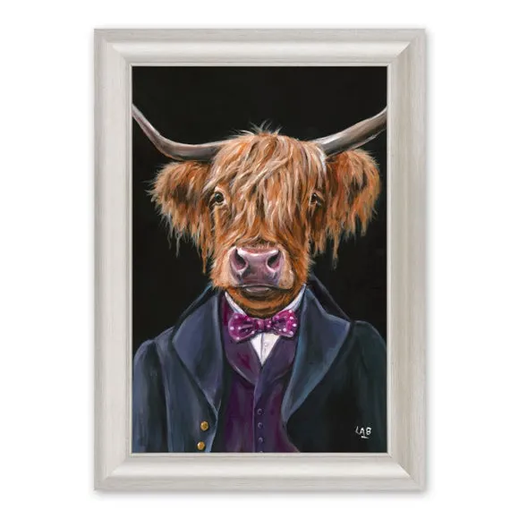 Framed Print Highland Cow - Teal, Champagne Frame