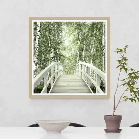 Framed Print with Bridge Scene - Green, Textured