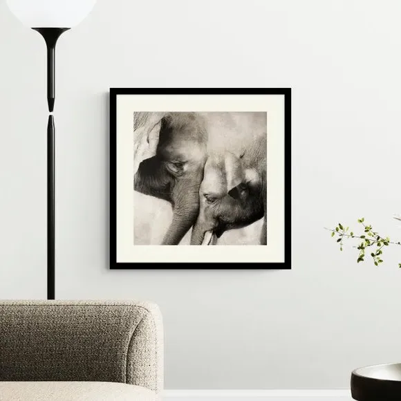 Framed Print with Elephants - Black, Wood Frame