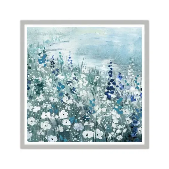 Framed Print with Floral Design - Blue, Grey Frame