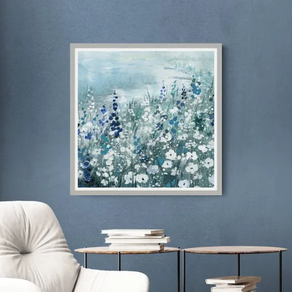 Framed Print with Floral Design - Blue, Grey Frame image