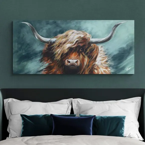Highland Cow Canvas Print - Blue, Stretched Canvas image