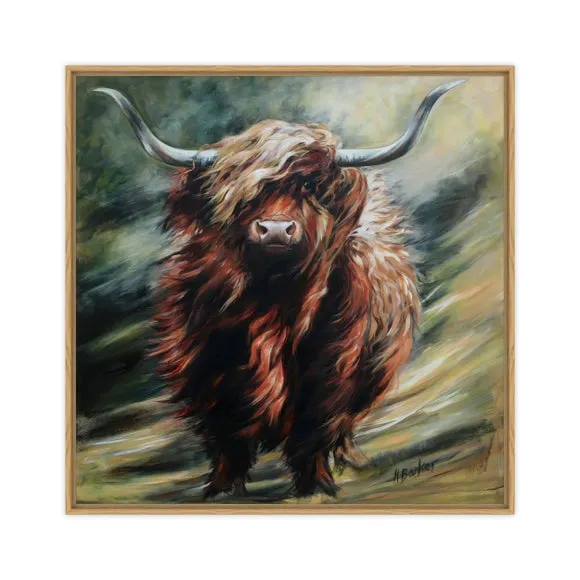 Highland Cow Framed Canvas - Brown, Wood Frame