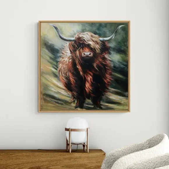 Highland Cow Framed Canvas - Brown, Wood Frame image