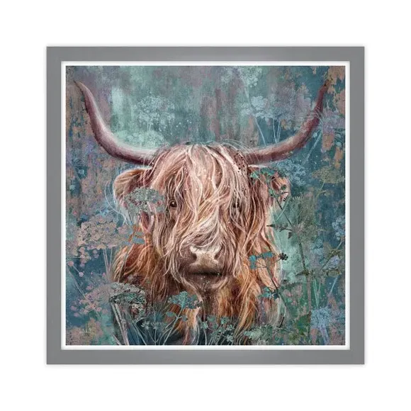 Highland Cow Framed Print - Teal, Textured