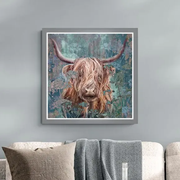 Highland Cow Framed Print - Teal, Textured image
