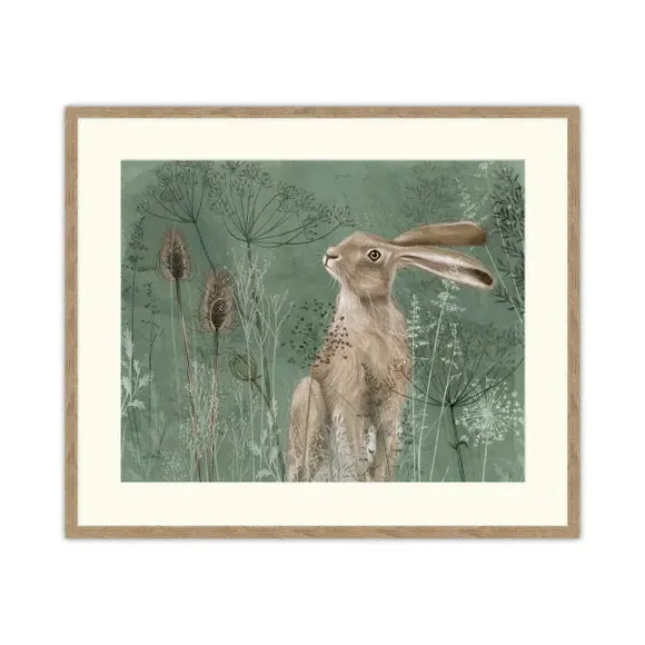 Meadow Hare Framed Print - Green, Birch Frame