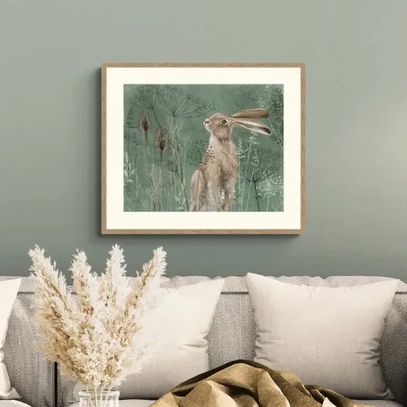 Meadow Hare Framed Print - Green, Birch Frame image
