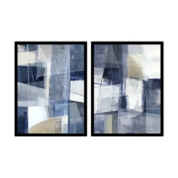 Set of 2 Abstract Framed Prints - Blue, Black