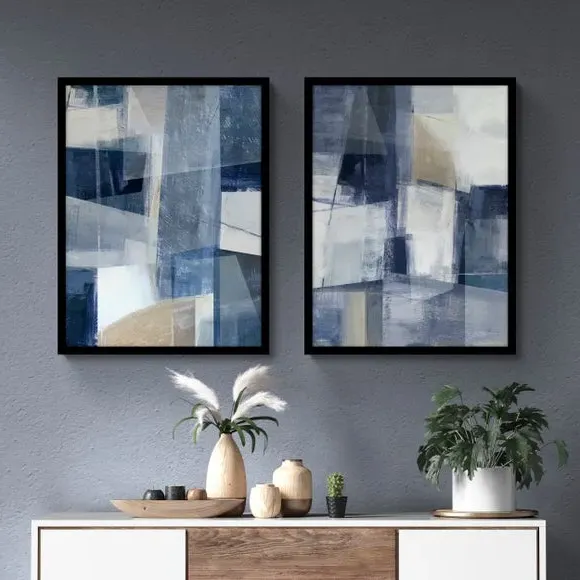 Set of 2 Abstract Framed Prints - Blue, Black image