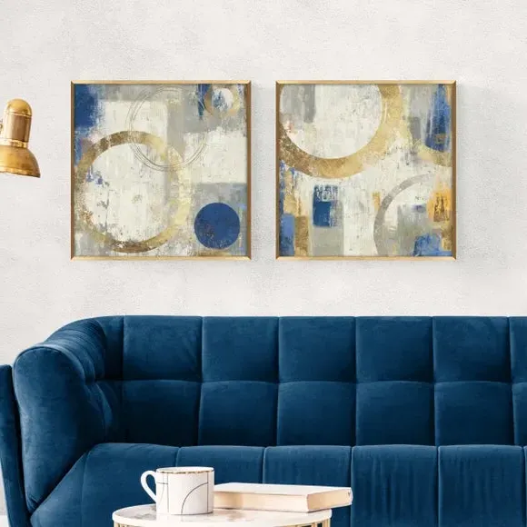 Set of 2 Abstract Framed Prints - Blue & Gold image