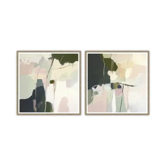 Set of 2 Abstract Framed Prints - Green, Birch