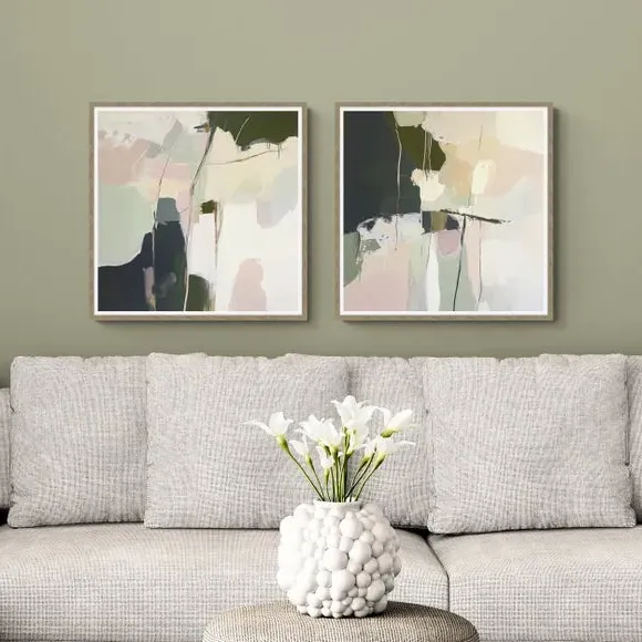 Set of 2 Abstract Framed Prints - Green, Birch image