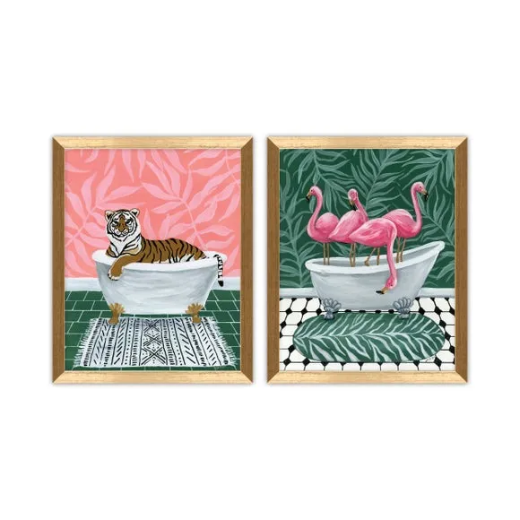 Set of 2 Animal Bath Framed Prints - Multicolor