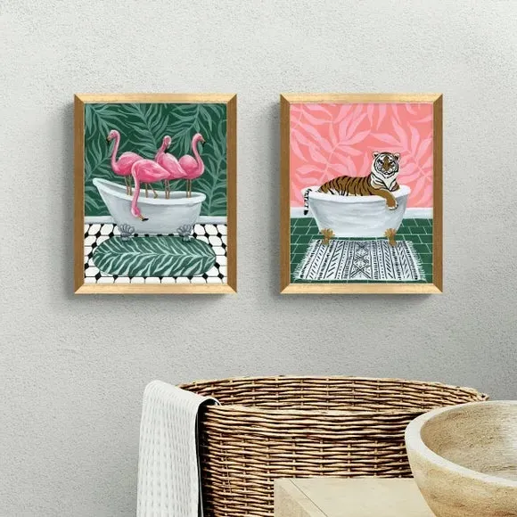 Set of 2 Animal Bath Framed Prints - Multicolor image