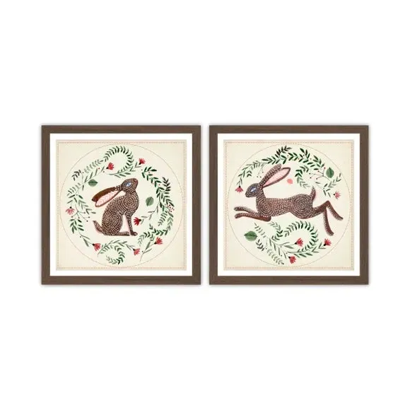 Set of 2 Bunny Framed Prints - Brown, Wood