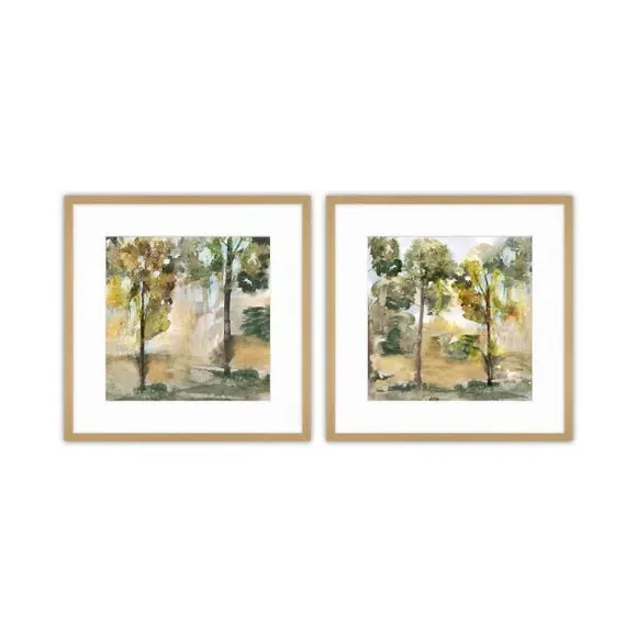 Set of 2 Framed Prints - Green, Wood Frame
