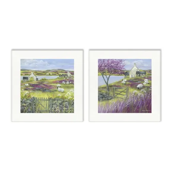 Set of 2 Framed Prints Lakeside Sheep - White