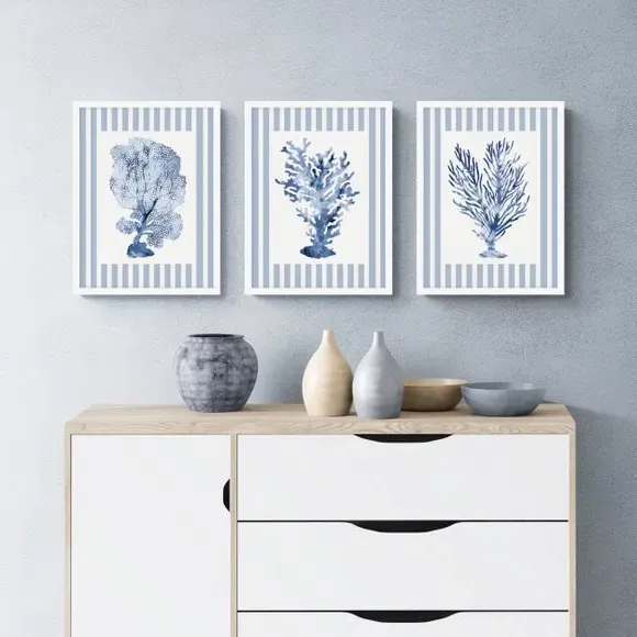 Set of 3 Framed Prints - Blue, White Frame image