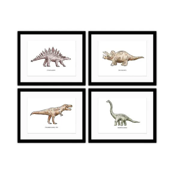 Set of 4 Dinosaur Framed Prints - Black Frame