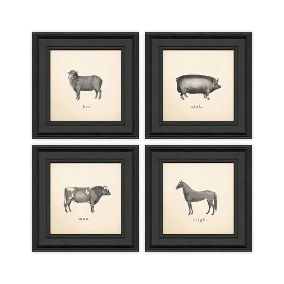 Set of 4 Farm Animal Framed Prints - Black