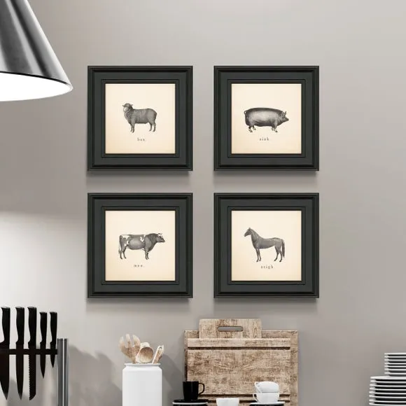 Set of 4 Farm Animal Framed Prints - Black