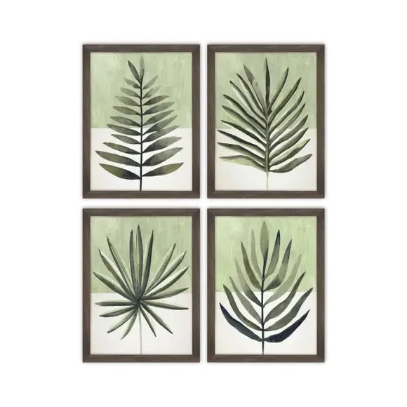 Set of 4 Framed Prints - Green, Walnut Wood