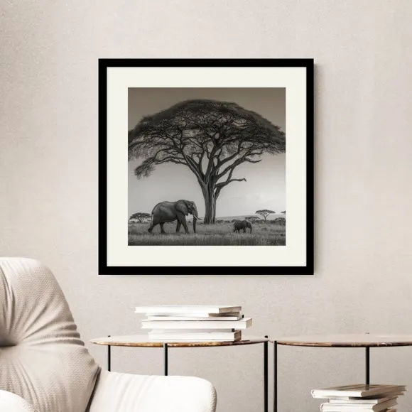 Square Framed Print Safari Elephants - Black image