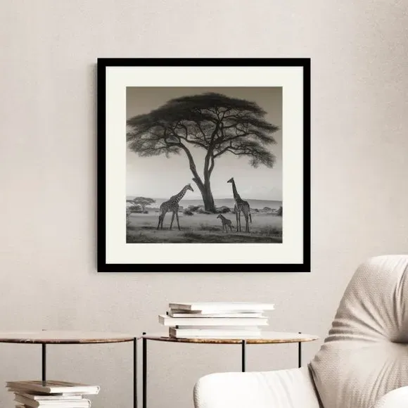 Square Framed Print Safari Giraffes - Black Frame image