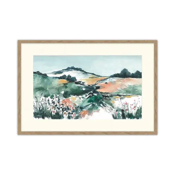 Valley Pathways Framed Print - Green, Birch Frame