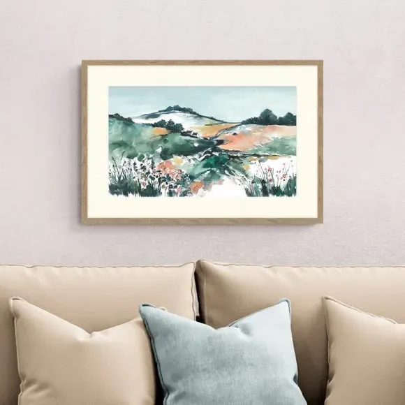 Valley Pathways Framed Print - Green, Birch Frame image